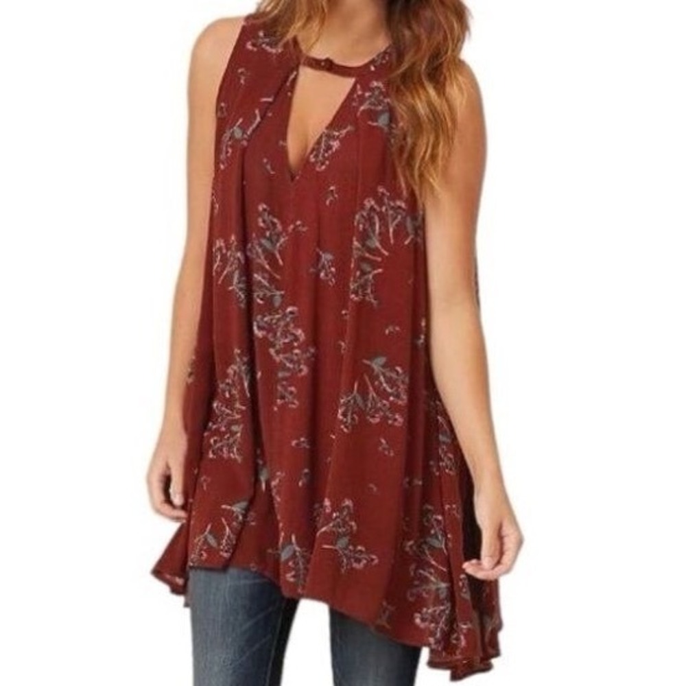 Free People Tree Swing Tunic‎ Tank Mini Dress Crimson Floral Size XS Boho